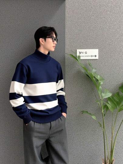 Claim Dot Men's Striped Turtleneck Long Sleeve Casual Sweater, Autumn/Winter