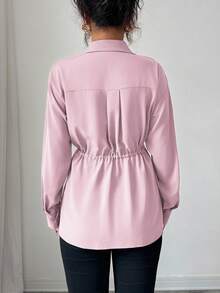 Elenzga Women's Elegant French Office Commute Street Style Utility Shirt, Featuring Shirt Collar, Front Placket, Waist Drawstring, Bowknot , Long Sleeve, Suitable For Spring, Autumn And Winter - Pink - View 2
