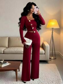 Elenzga 女士优雅办公室通勤下午茶派对不对称下摆长袖西装外套和松紧腰裤两件套西装套装，秋冬 - 酒紅色 - 查看 6