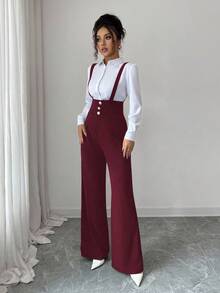 Elenzga 女士优雅浪漫直筒裤，带吊带腰和纽扣装饰 - 酒紅色 - 查看 1