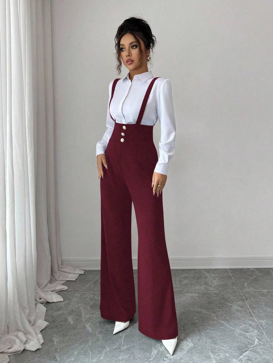 Elenzga 女士优雅浪漫直筒裤，带吊带腰和纽扣装饰 - 酒紅色 - 查看 1