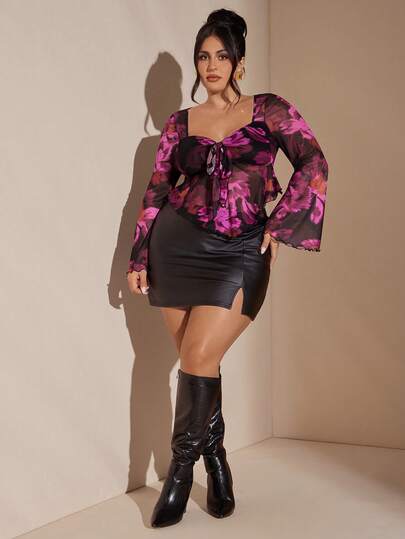 SHEIN BAE Blusa Elegante de Manga Longa com Estampa Floral Roxa Plus Size para Mulheres