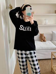 SHEIN 少女睡衣套装，简约韩版春秋新款，英文“SLEEP”印花黑色圆领长袖上衣搭配格子宽松舒适两件套家居服，返校格纹裤套装 - 黑色 - 查看 4