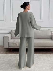 SHEIN Tall 高个女款V领宽松毛衣和针织裤套装 - 灰色 - 查看 3