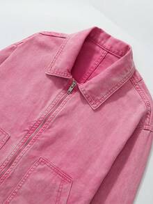 ROMWE MEN Street Life 男士秋季口袋设计长袖拉链休闲牛仔夹克 - 粉色 - 查看 2