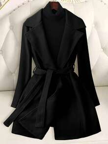 SHEIN PETITE Women's Casual Solid Color Overcoat With Belt, Autumn/Winter - Black - View 3
