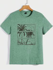 Manfinity BRENVOR Men Tropical Print Drop Shoulder Vintage T-Shirt - Mint Green - View 1