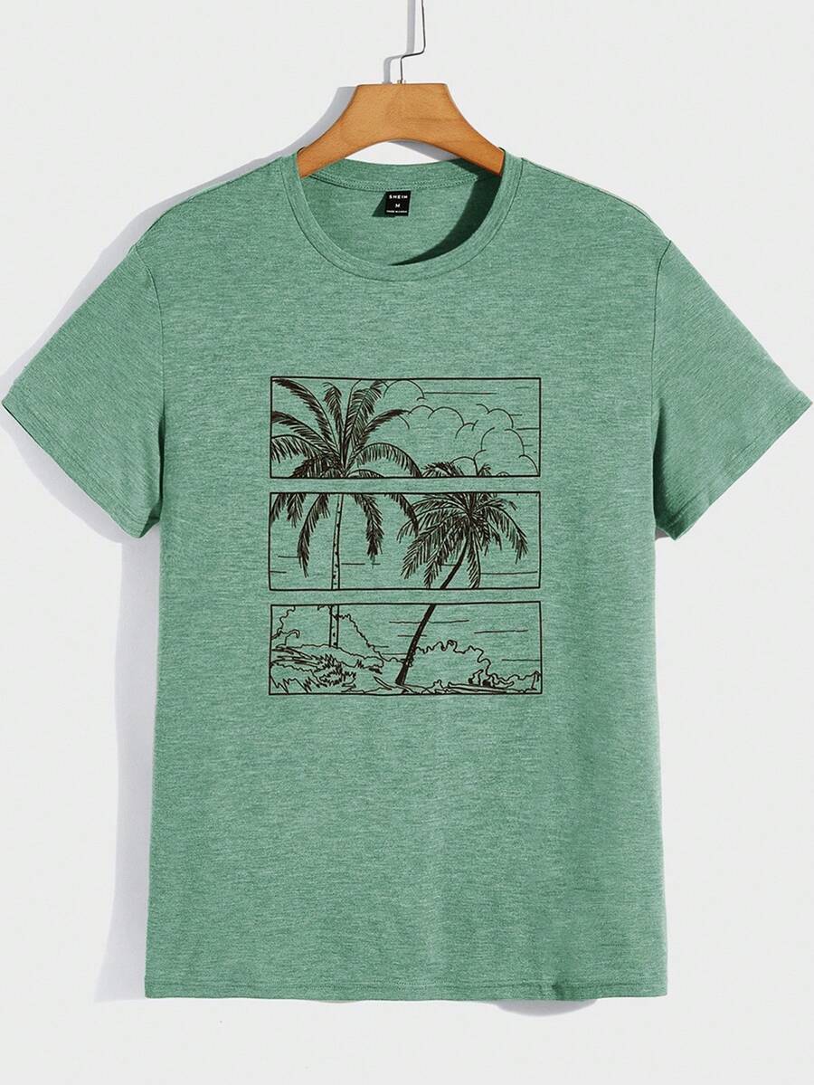 Manfinity BRENVOR Men Tropical Print Drop Shoulder Vintage T-Shirt - Mint Green - View 1