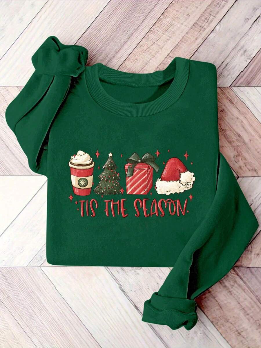 INAWLY Plus Size Women's Christmas Seasonal Sweatshirt, Cute Winter Crewneck Long Sleeve Pullover - Dark Green - View 1