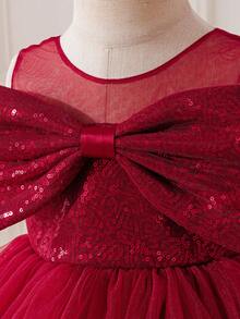 Glamorique Kids Baby Girls' Red Sequin Mesh Bow Decor High-End Satin Dress,Elegant Burgundy Summer Party Princess Dress For Christmas - Red - View 4