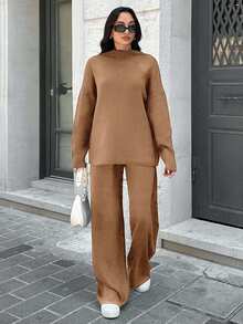 SHEIN Tall كنزة بكتف منخفض & بنطال محبوك للخريف & الشتاء، للنساء الطويلات - بني فاتح - مشاهدة 5