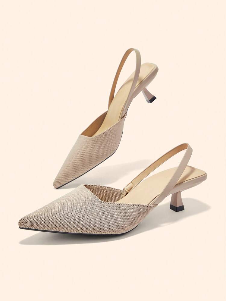 CUCCOO BASICS Women's Pointed Toe Slingback Mid-Heel Pumps, Knit Material, Apricot Color, Fashionable & Comfortable Breathable Everyday Work Shoes