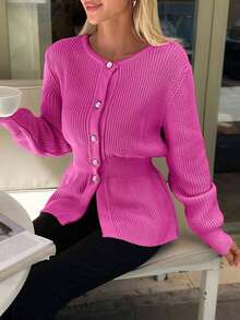 EURMUSE Women Solid Color Front Button Round Neck Cardigan,Cardigans,Long Cardigans Woman,Petite,Tall - Hot Pink - View 2