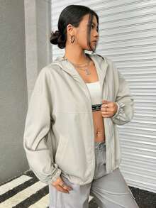 SHEIN EZwear 秋冬女装休闲卡其色字母贴片落肩拉链连帽夹克 - 卡其色 - 查看 6