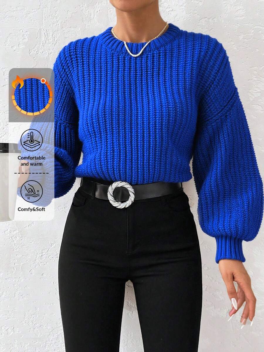 EURMUSE Women's Crew Neck Solid Color Long Sleeve Knitted Sweater - Royal Blue - View 1