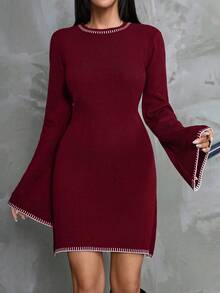 EURMUSE Women Color Block Sweater Dress With Striped Edges - Burgundy - View 6