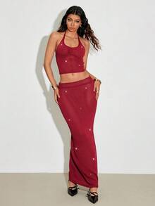 SHEIN TRNDY Set 2 pulovere pentru femei, ținută de petrecere roșu vin, top fără mâneci cu paiete și trandafiri, elegant și la modă - Burgundia - Vizualizare 3