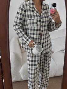 SHEIN 女士休闲纹理格纹印花长袖上衣和裤子睡衣套装，冬季服装 - 彩色 - 查看 4