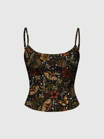 Grunge Punk Herbst/Winter Hippie Blumen Allover-Muster Sexy Trägerhemd für Frauen