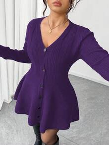 Elenzga Cardigan Wanita Ukuran Besar Elegan Warna Polos Kerah V Kancing Depan, Musim Gugur/Dingin - Purple - View 6