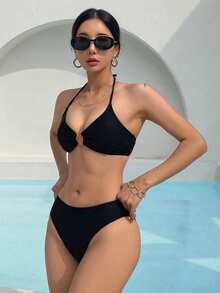 DAZY Circular Detail Halter Triangle Cup Bikini Set With Skirt And Cover-Up For Summer Beach,Tankini Bathing Suit Vacation - Black - View 3