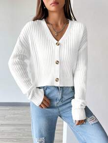 SHEIN Unity Áo khoác cardigan dáng rộng cổ chữ V cài nút phía trước cho nữ, màu trơn, đa năng cho việc đi lại hàng ngày, mùa thu/đông - trắng - Xem 8