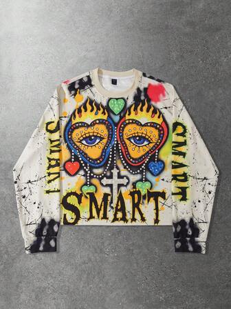 Street Life Men's Retro Graphic Print Loose Cropped Long Sleeve T-Shirt