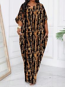 SHEIN Lady 2025 Hàng mới về Đầm dài tay dài kiểu dáng thoải mái, in họa tiết, cỡ lớn, cổ chữ V, màu trơn, dáng rộng, thường ngày, váy suông, váy mùa hè cho nữ - Nhiều màu - Xem 3