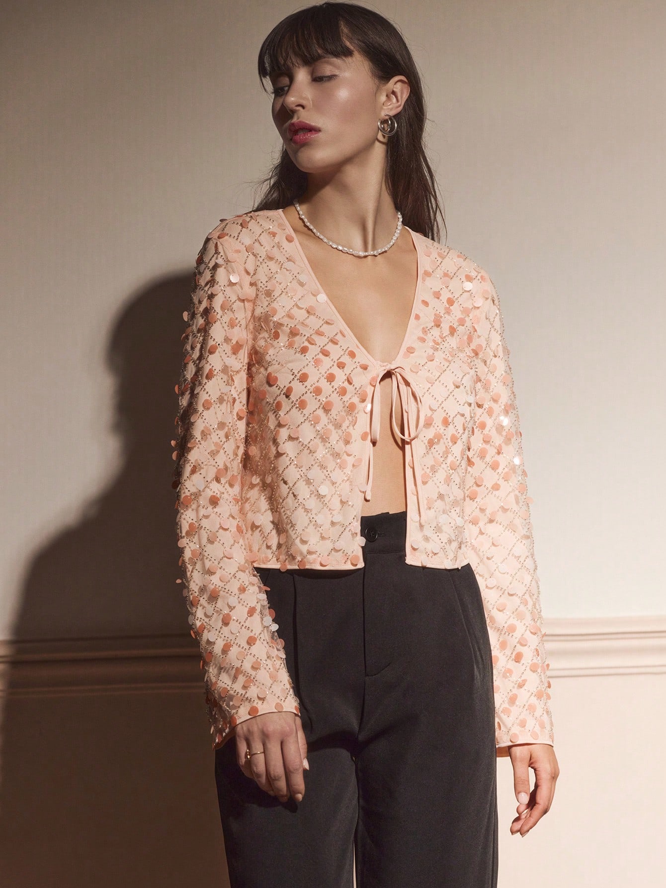 Pink Mesh Cropped Top With Sequin Embellishment, Tie Front And Long Flare Sleeves Chic Party Evening Autumn Winter