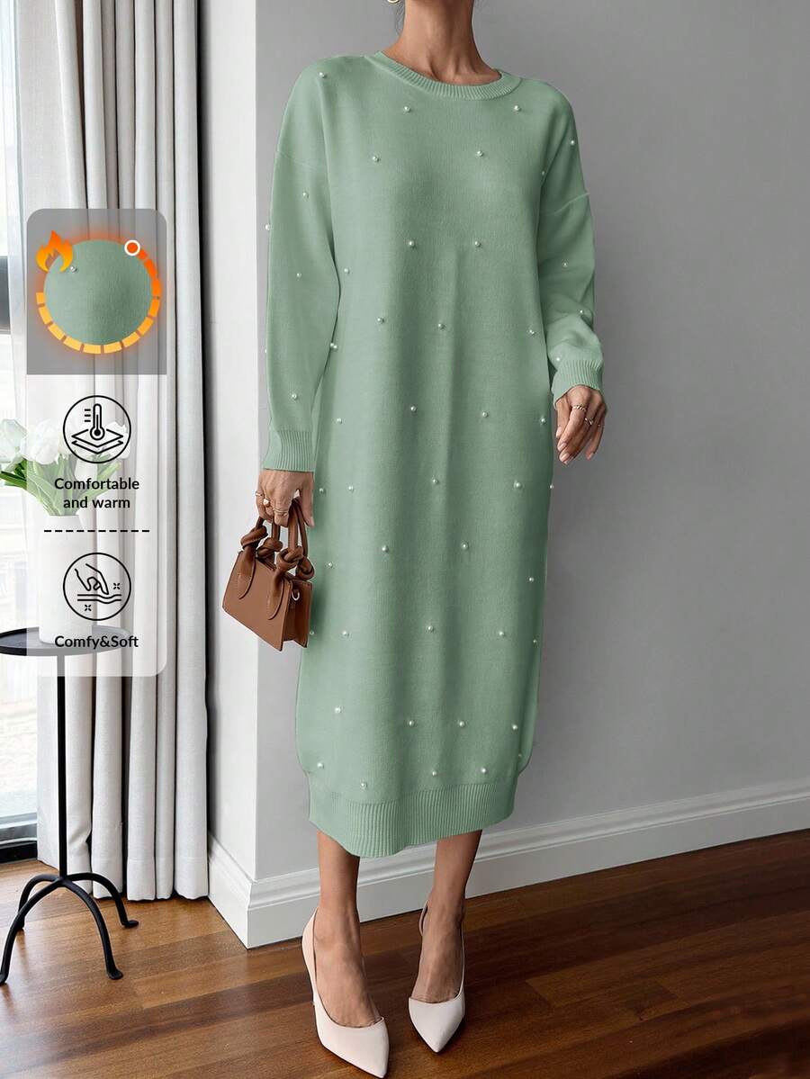 EURMUSE 女士纯色圆领珍珠细节长款毛衣连衣裙