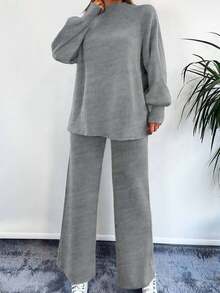 EURMUSE Mock Neck Raglan Sleeve Sweater & Knit Pants Without Belt - Dark Grey - View 5