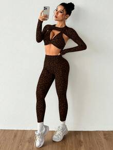 Dewbera 女士休闲户外/室内运动豹纹背心和裤子套装 - 棕色 - 查看 6