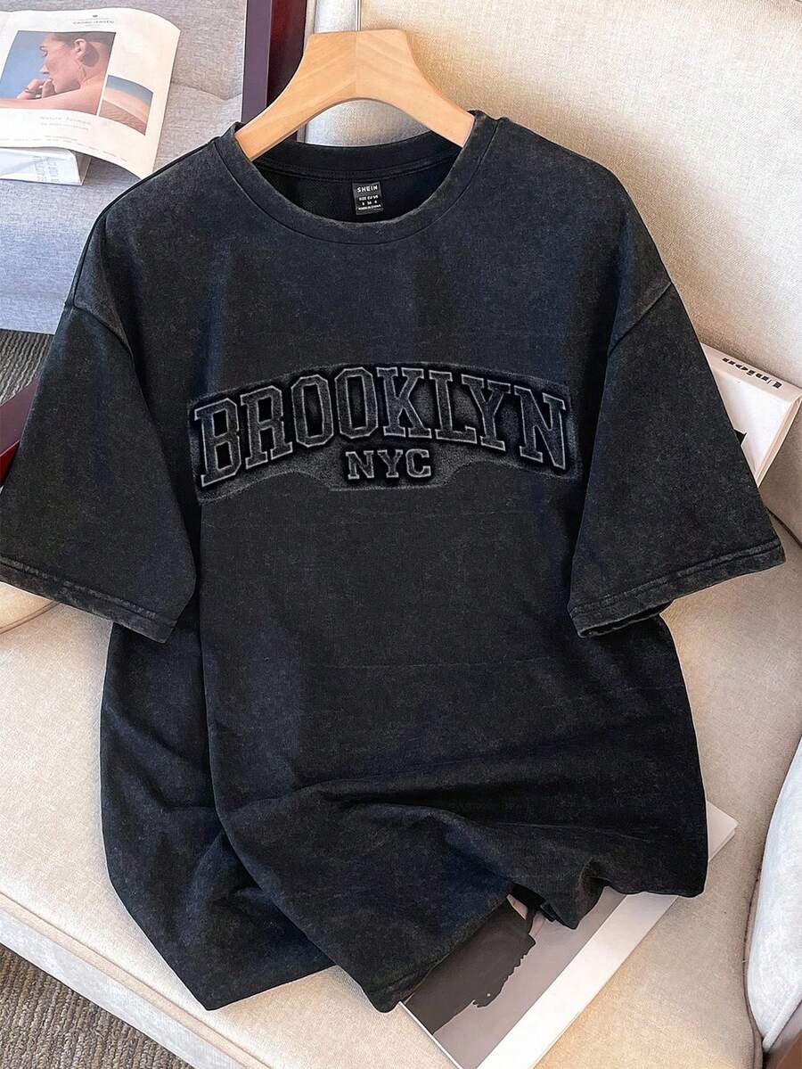 Manfinity Joysei Plus Size Men's Vintage Washed 3D Letter T-Shirt, Suitable For Summer, Vintage Tee As Friend Gift - Black - View 1