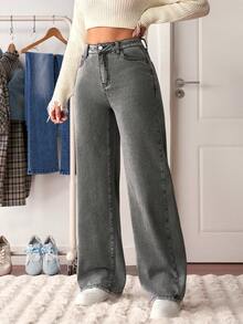 SHEIN Tall 女式休闲基本款宽松口袋牛仔裤 - 灰色 - 查看 4