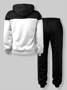 Manfinity Dauomo 男士字母印花撞色抽绳连帽衫和运动裤休闲套装 - 彩色 - 查看 2