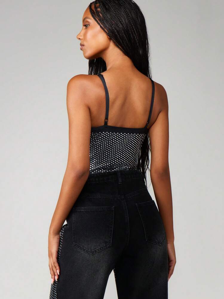 MISSGUIDED Hot Fix Rhinestone Scoop Neck Bodysuit With Studded Embellishment For Evening Party Wear