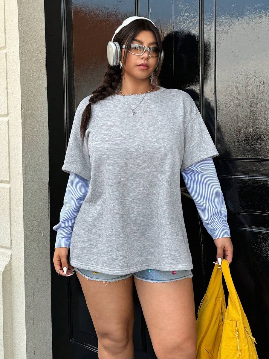 SHEIN EZwear 大码女式休闲时尚街头日常通勤撞色条纹二合一运动衫,春秋季 - 灰色 - 查看 1