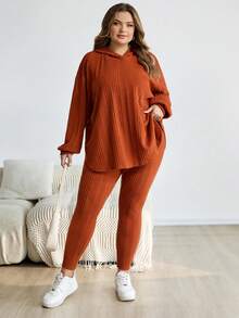 SHEIN CURVE+ 女式加大码卡其色棕色天鹅绒连帽衫和紧身裤套装，休闲条纹连帽上衣和紧身裤，冬季 - 棕色 - 查看 6