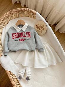 SHEIN 2 件女婴可爱字母图案翻领运动衫和迷你裙套装，秋冬 - 彩色 - 查看 6