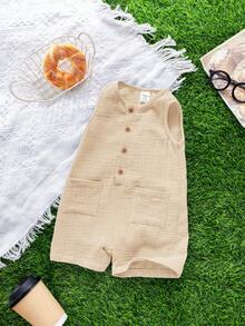 Newborn Baby Boy Apricot Sleeveless Casual Romper Jumpsuit, Suitable For Birthday Party, Formal Gatherings, Performances, Weddings, Full Moon Celebration, Baptism And First Birthday Party, Summer - Apricot - View 7