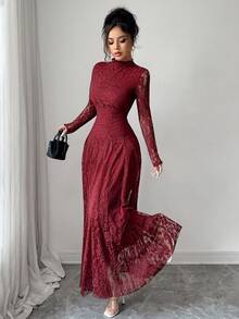 Modelyn Wine Red High Neck Waist Cinched Lace Dress For Women - Burgundy - View 3