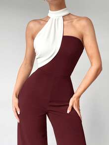 Maija Macacão assimétrico com recorte e ombros descobertos, novo outono/inverno 2025, vermelho e branco, bloco de cores, moderno, elegante, casual, para escritório, versátil, estilo romântico básico, adequado para ocasiões formais, festas, casamentos, shows, brunch, aeroporto, dia nacional, ano novo, Natal, Ação de Graças