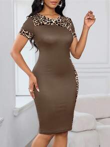 SHEIN Lady 女式豹纹拼布修身中长连衣裙 - 彩色 - 查看 7