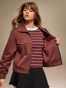 Qadelle Women's Casual Solid Color Drop Shoulder Long Sleeve Regular Jacket - Coffee Brown - View 6