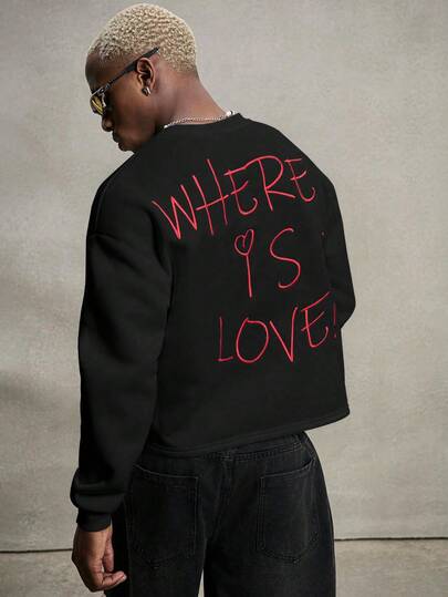 PAVTROS Men's INS Matching "WHERE IS LOVE?" Casual Streetwear Oversized Pullover Sweatshirt Cropped Graphic Street Men Cropped Graphic Shirts Men Slogan Graphic Drop Shoulder Sweatshirt, For Winter