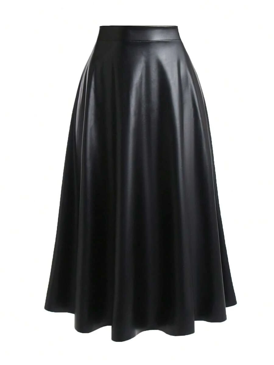 Femmeverse Plus Size Tall Women's Autumn/Winter High-End Solid Color Leather Midi Skirt Fall - Black - View 1