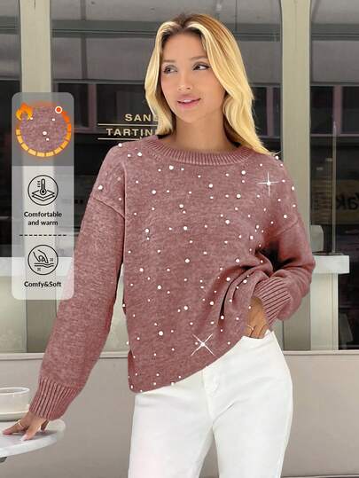 RueChic Women Pearl Detailed Round Neck Beige Casual Elegant Sweater,Jumper,Cream Jumper,Jumpers,Black Jumper,Womens Jumper,White Jumper,Women's Jumper,Women's Jumpers,Winter Clothes