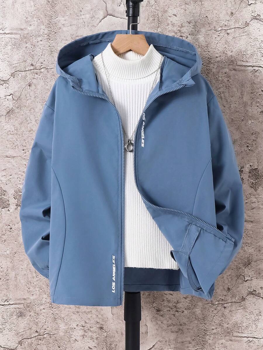 SHEIN معطف هودي مريح وفضفاض للأولاد المراهقين، طباعة رسومات حرفية، مناسب للاستخدام اليومي والمناسبات العادية - ازرق ضبابي - مشاهدة 1