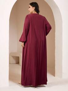Veilorie Plus Size Solid Color Round Neck Front Button Elegant Long Sleeve Dress - Burgundy - View 2