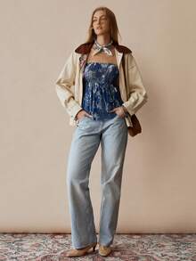 Florisole Top bandeau estampado retro para mujer - Azul - Ver 3